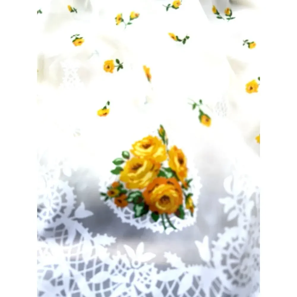 Vtg Twin Ruffled Quilted White Coverlet Yellow Orange Rose Cottagecore Bedspread